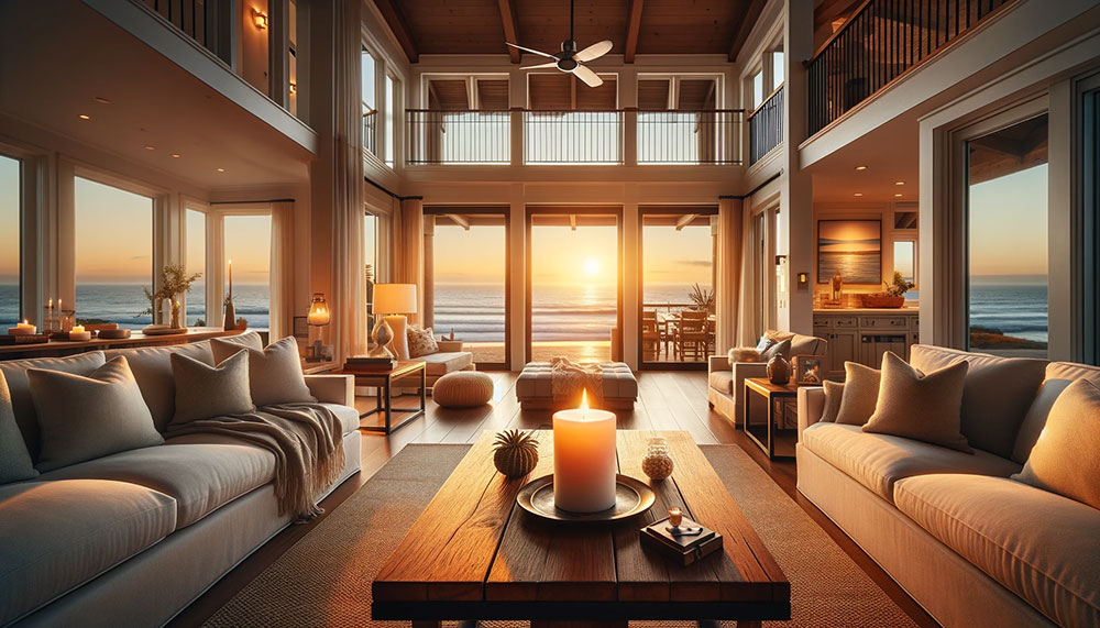 A panoramic view of a serene beach house living room during sunset, featuring a single candle burning brightly on a wooden coffee table