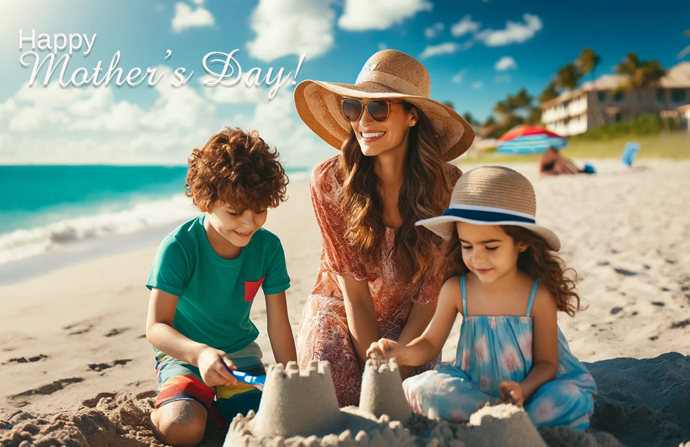 an image depicting a heartwarming scene of a mother and kids enjoying Mother's Day at a South Florida beach